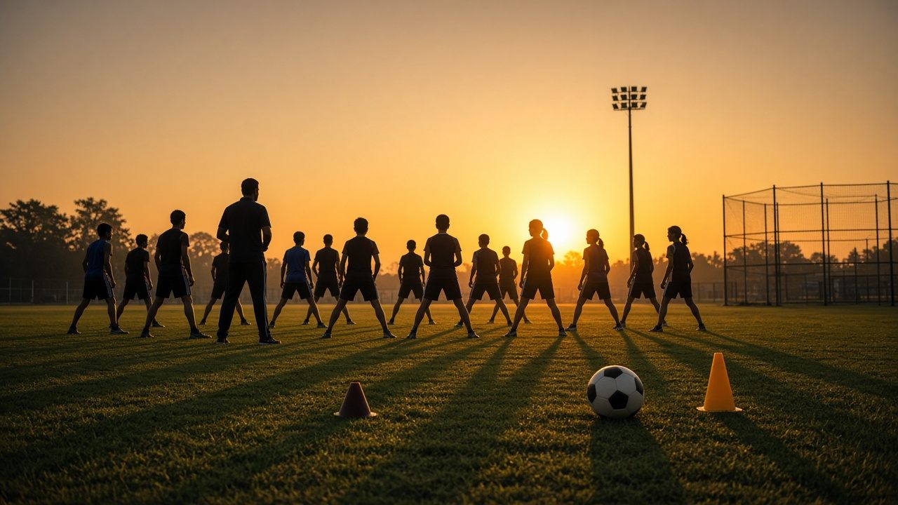 Young athletes training together on an academy ground at golden hour